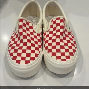Vans Mens Red and Cream Checkered Slip-On Sneakers